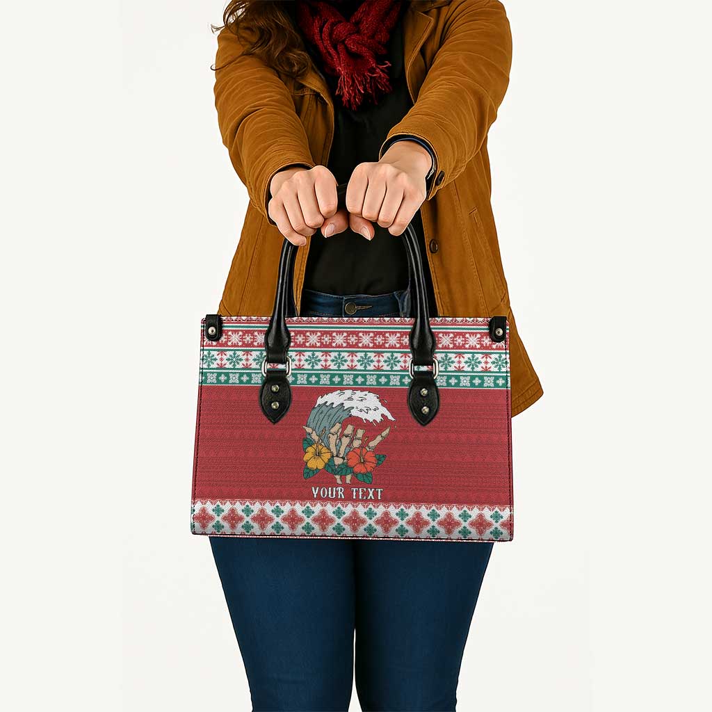 Shaka Sign Skull Mele Kalikimaka Personalized Leather Bag Hawaiian Quilt Pattern - Polynesian Pride