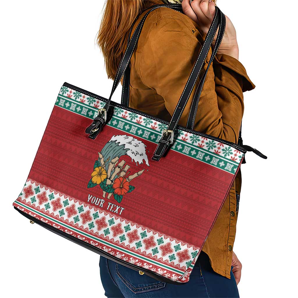 Shaka Sign Skull Mele Kalikimaka Personalized Leather Tote Bag Hawaiian Quilt Pattern - Polynesian Pride