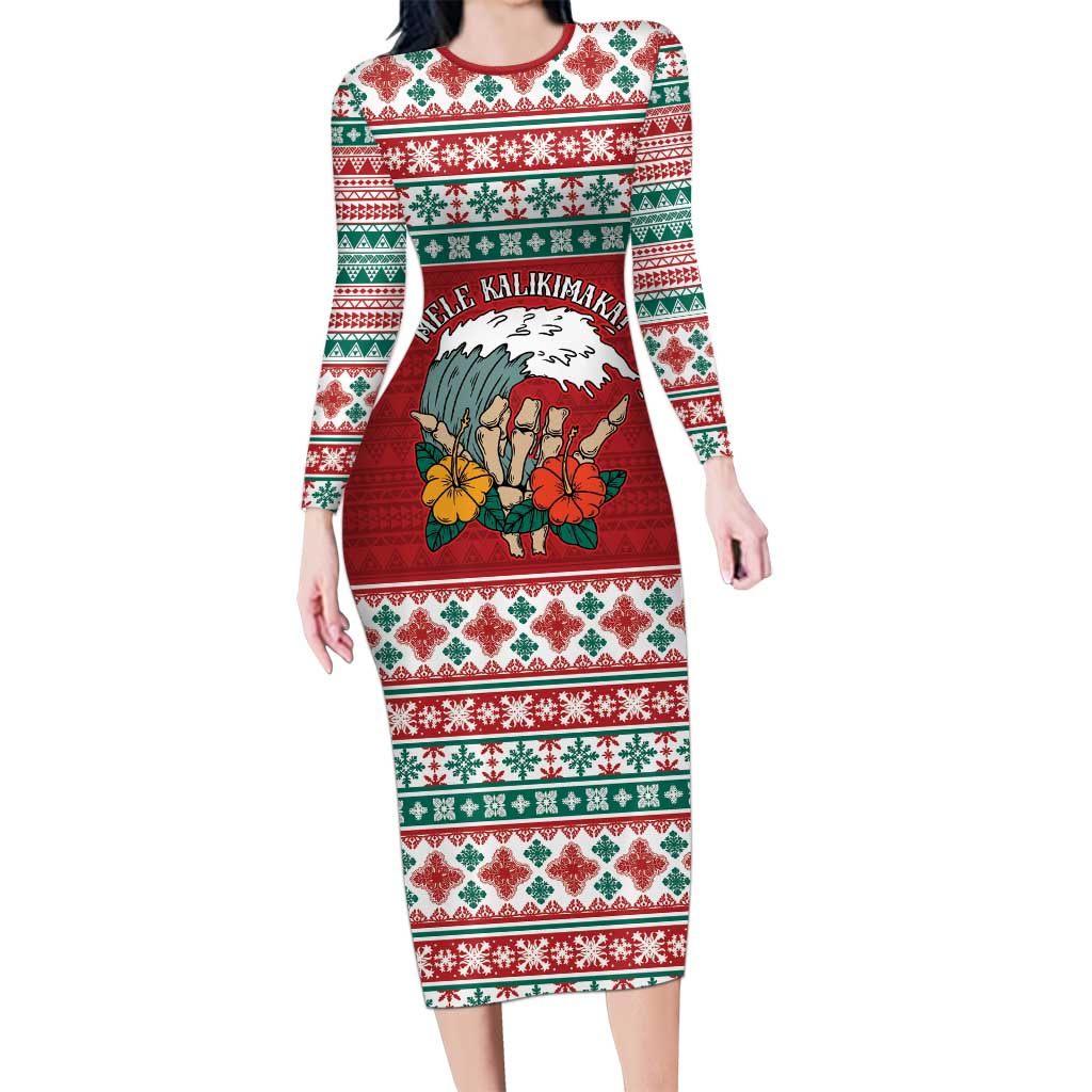 Shaka Sign Skull Mele Kalikimaka Personalized Long Sleeve Bodycon Dress Hawaiian Quilt Pattern - Polynesian Pride