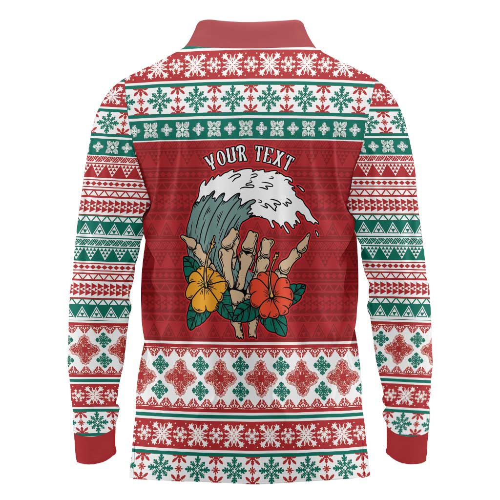 Shaka Sign Skull Mele Kalikimaka Personalized Long Sleeve Polo Shirt Hawaiian Quilt Pattern - Polynesian Pride