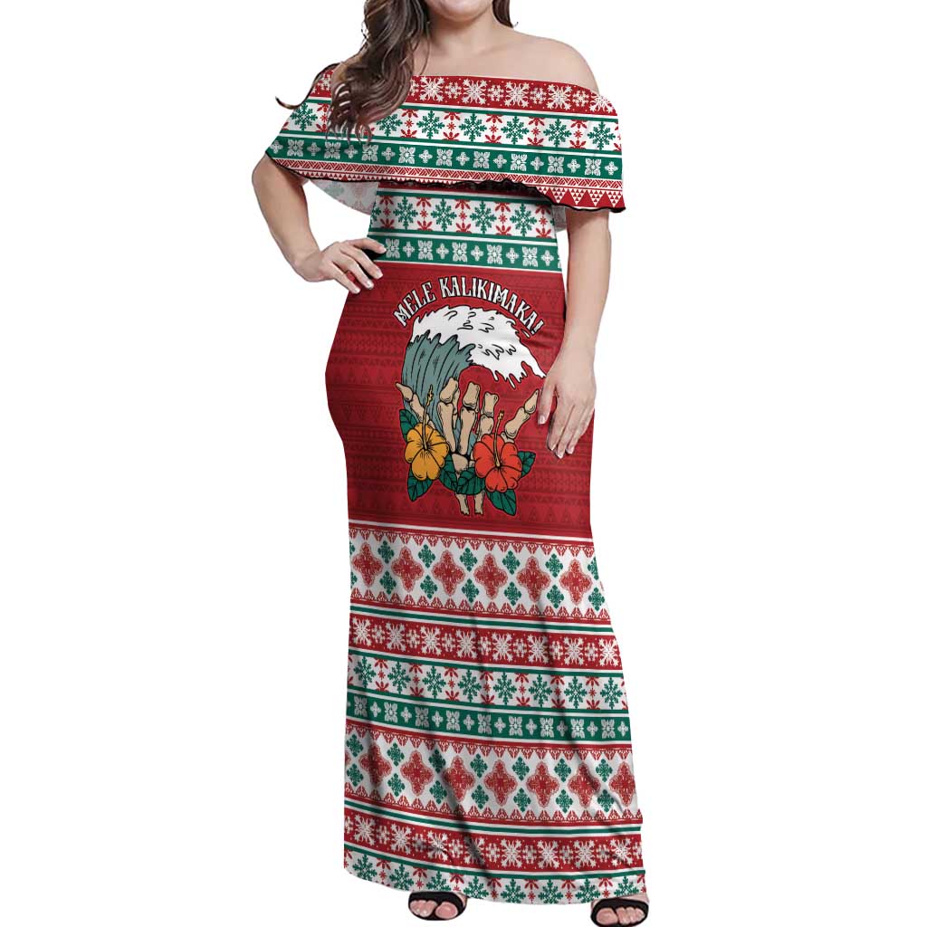 Shaka Sign Skull Mele Kalikimaka Personalized Off Shoulder Maxi Dress Hawaiian Quilt Pattern - Polynesian Pride