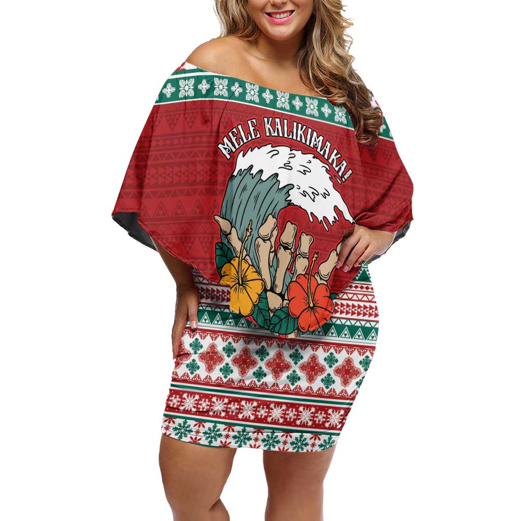 Shaka Sign Skull Mele Kalikimaka Personalized Off Shoulder Short Dress Hawaiian Quilt Pattern - Polynesian Pride