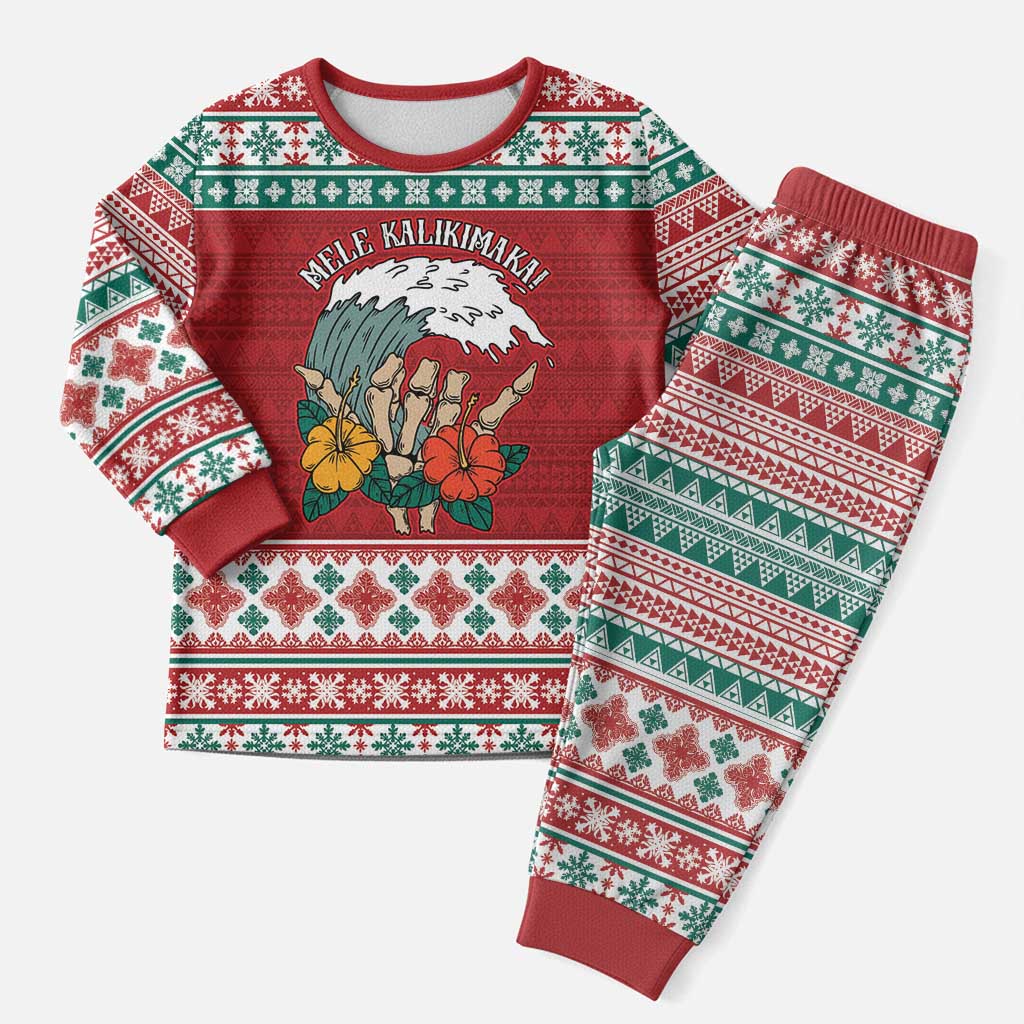 Shaka Sign Skull Mele Kalikimaka Personalized Christmas Pajama Set Hawaiian Quilt Pattern - Polynesian Pride