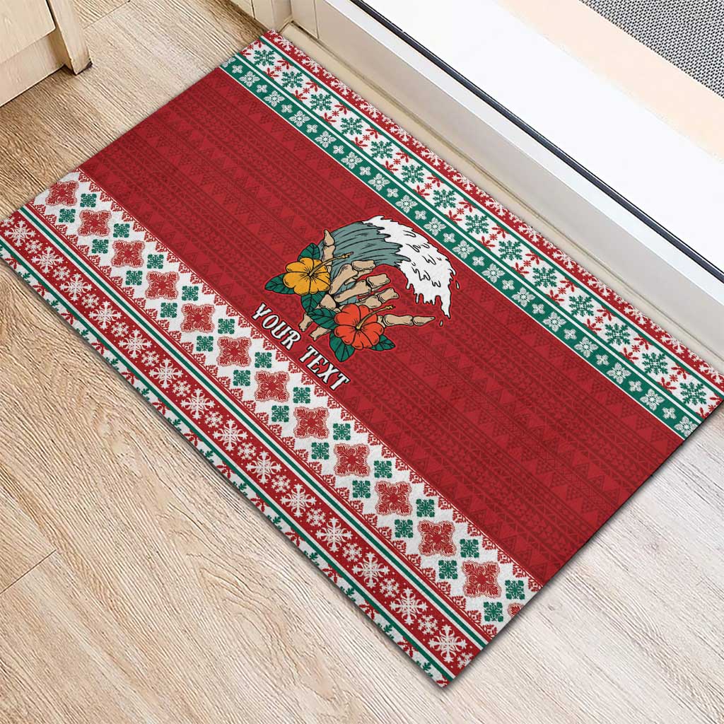 Shaka Sign Skull Mele Kalikimaka Personalized Rubber Doormat Hawaiian Quilt Pattern - Polynesian Pride