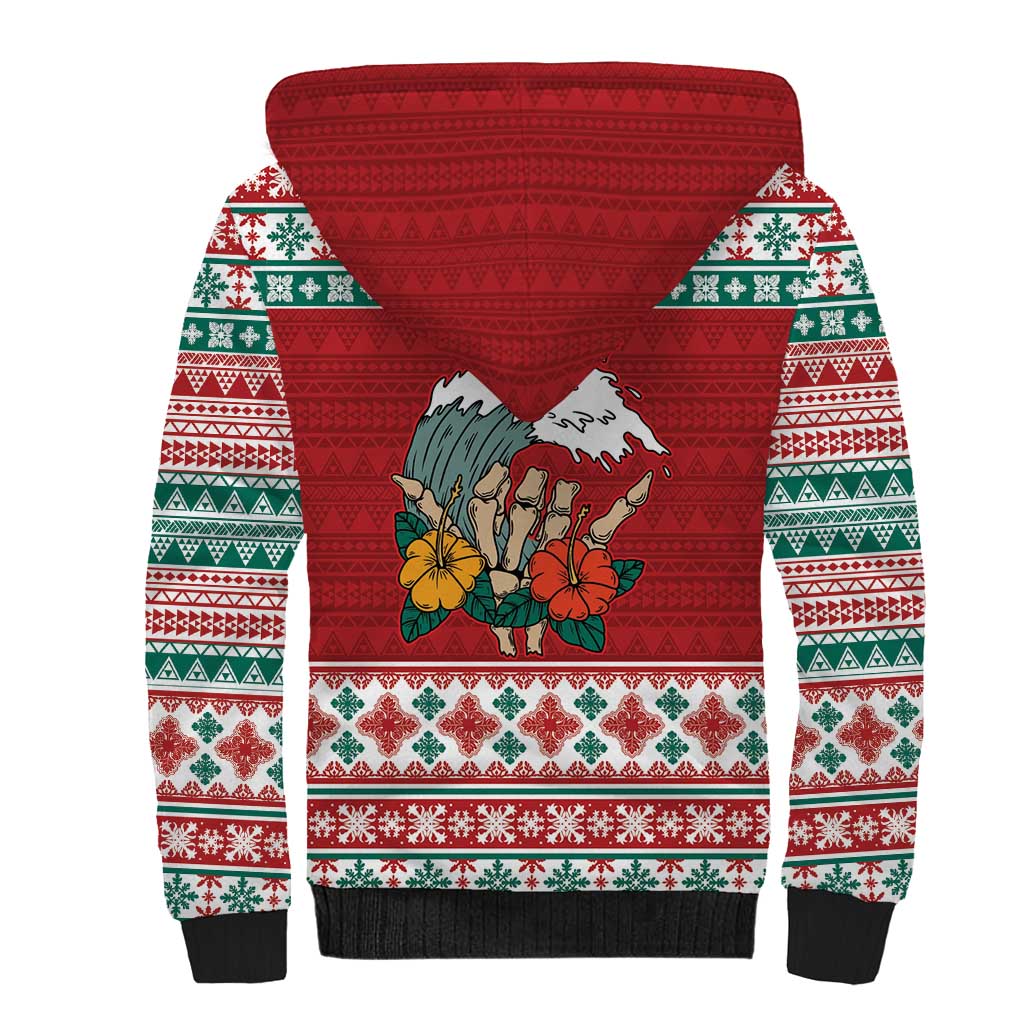 Shaka Sign Skull Mele Kalikimaka Personalized Sherpa Hoodie Hawaiian Quilt Pattern - Polynesian Pride