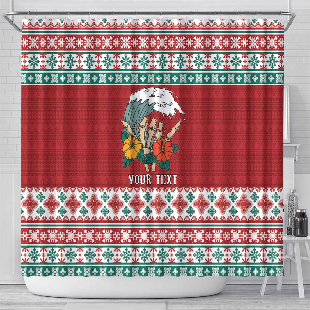 Shaka Sign Skull Mele Kalikimaka Personalized Shower Curtain Hawaiian Quilt Pattern - Polynesian Pride
