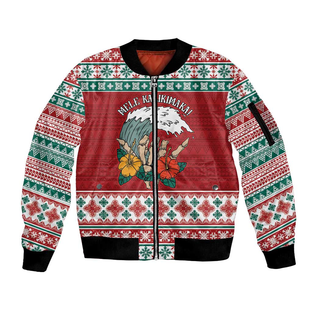 Shaka Sign Skull Mele Kalikimaka Personalized Sleeve Zip Bomber Jacket Hawaiian Quilt Pattern - Polynesian Pride
