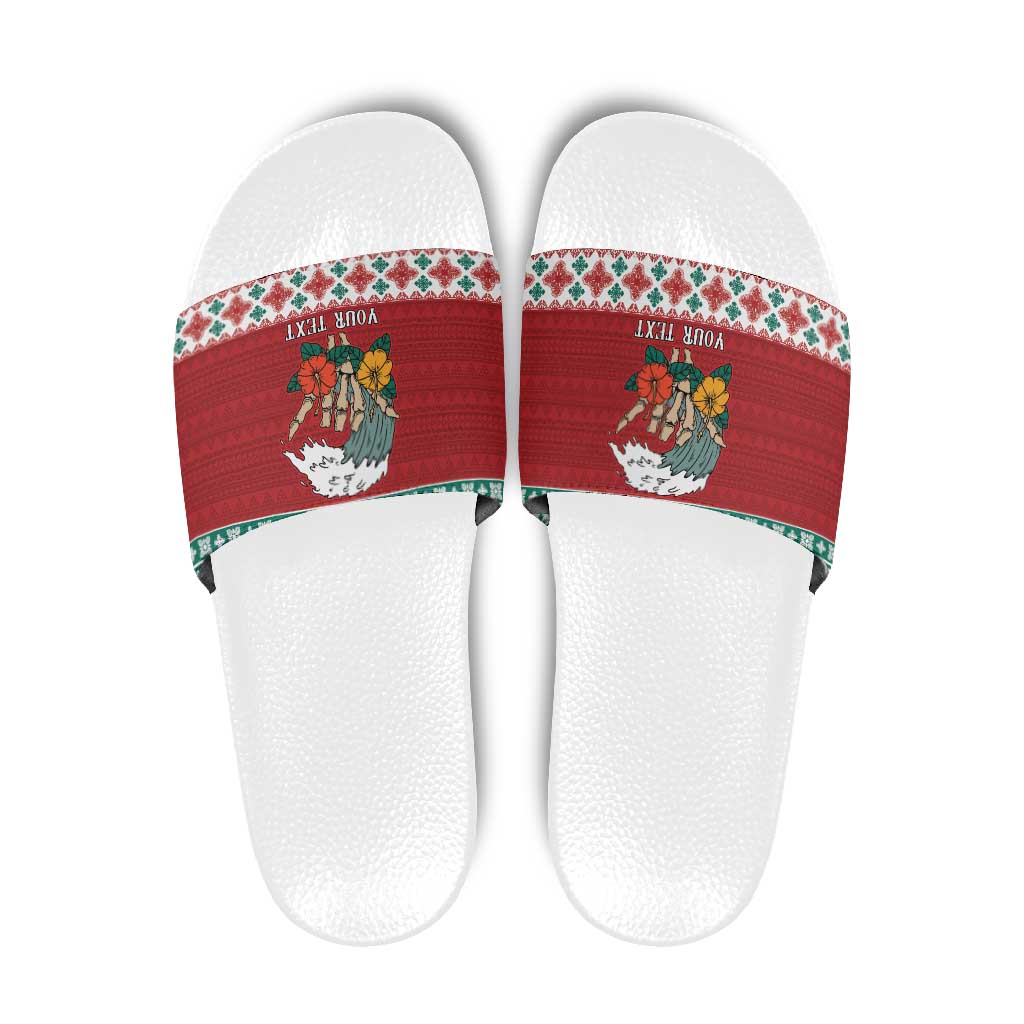 Shaka Sign Skull Mele Kalikimaka Personalized Slide Sandals Hawaiian Quilt Pattern - Polynesian Pride