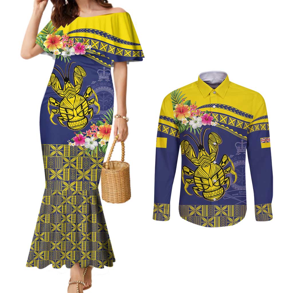 Niue Coconut Crab Couples Matching Mermaid Dress and Long Sleeve Button Shirt Rock of Polynesia LT9 Gold - Polynesian Pride