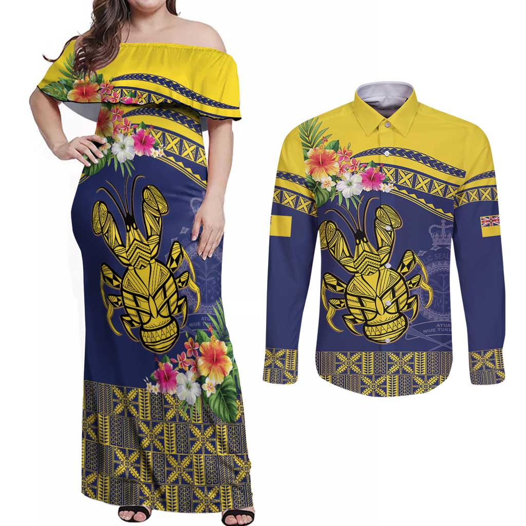 Niue Coconut Crab Couples Matching Off Shoulder Maxi Dress and Long Sleeve Button Shirt Rock of Polynesia LT9 Gold - Polynesian Pride