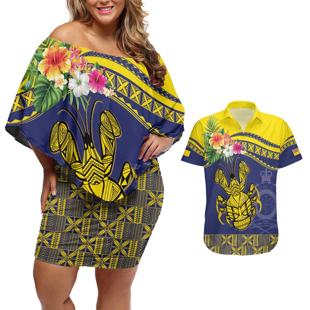 Niue Coconut Crab Couples Matching Off Shoulder Short Dress and Hawaiian Shirt Rock of Polynesia LT9 Gold - Polynesian Pride