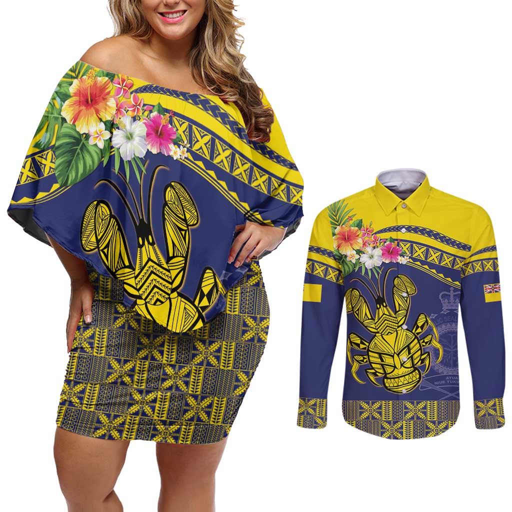 Niue Coconut Crab Couples Matching Off Shoulder Short Dress and Long Sleeve Button Shirt Rock of Polynesia LT9 Gold - Polynesian Pride