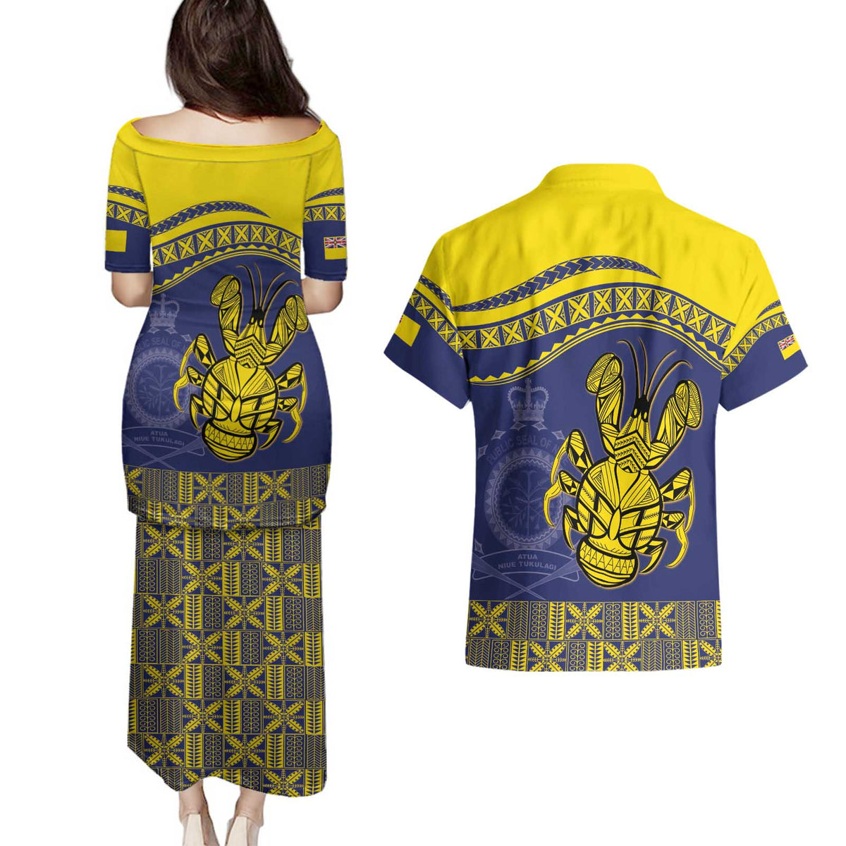 Niue Coconut Crab Couples Matching Puletasi and Hawaiian Shirt Rock of Polynesia