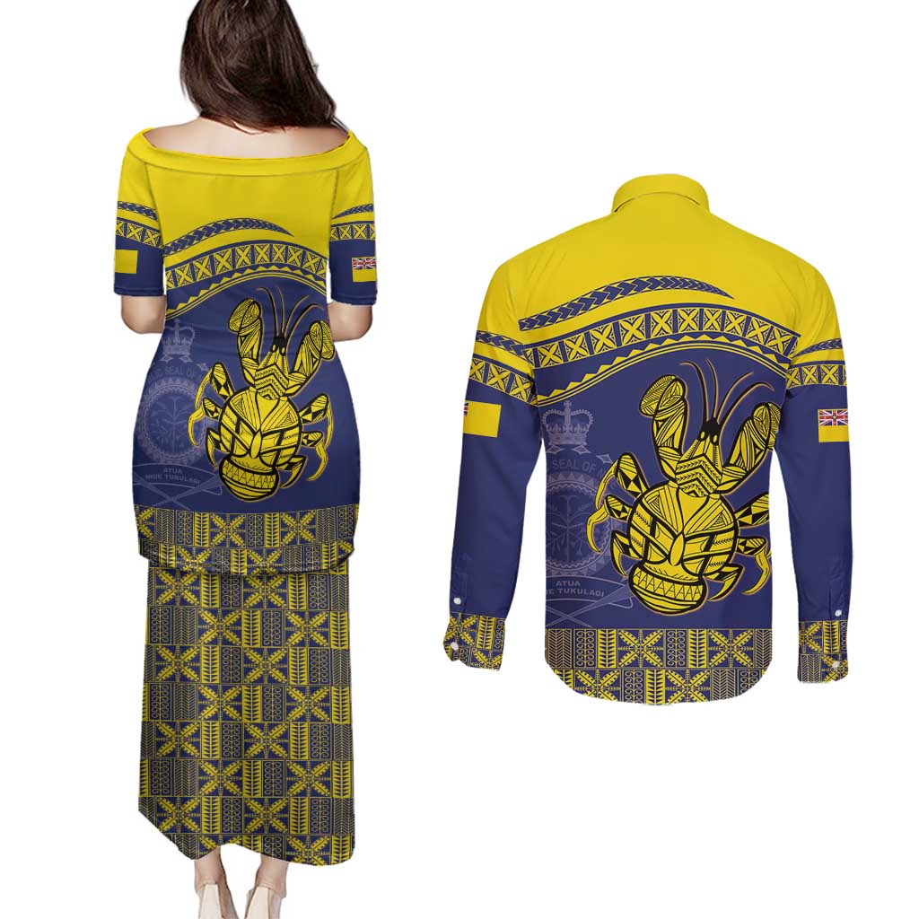 Niue Coconut Crab Couples Matching Puletasi and Long Sleeve Button Shirt Rock of Polynesia