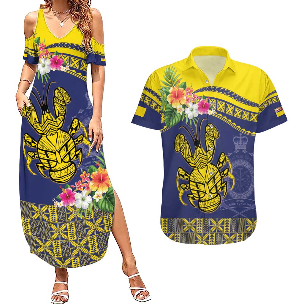 Niue Coconut Crab Couples Matching Summer Maxi Dress and Hawaiian Shirt Rock of Polynesia LT9 Gold - Polynesian Pride