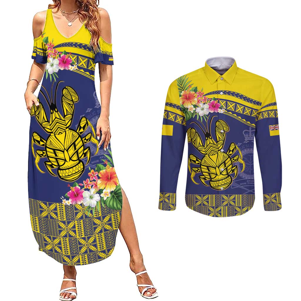 Niue Coconut Crab Couples Matching Summer Maxi Dress and Long Sleeve Button Shirt Rock of Polynesia LT9 Gold - Polynesian Pride