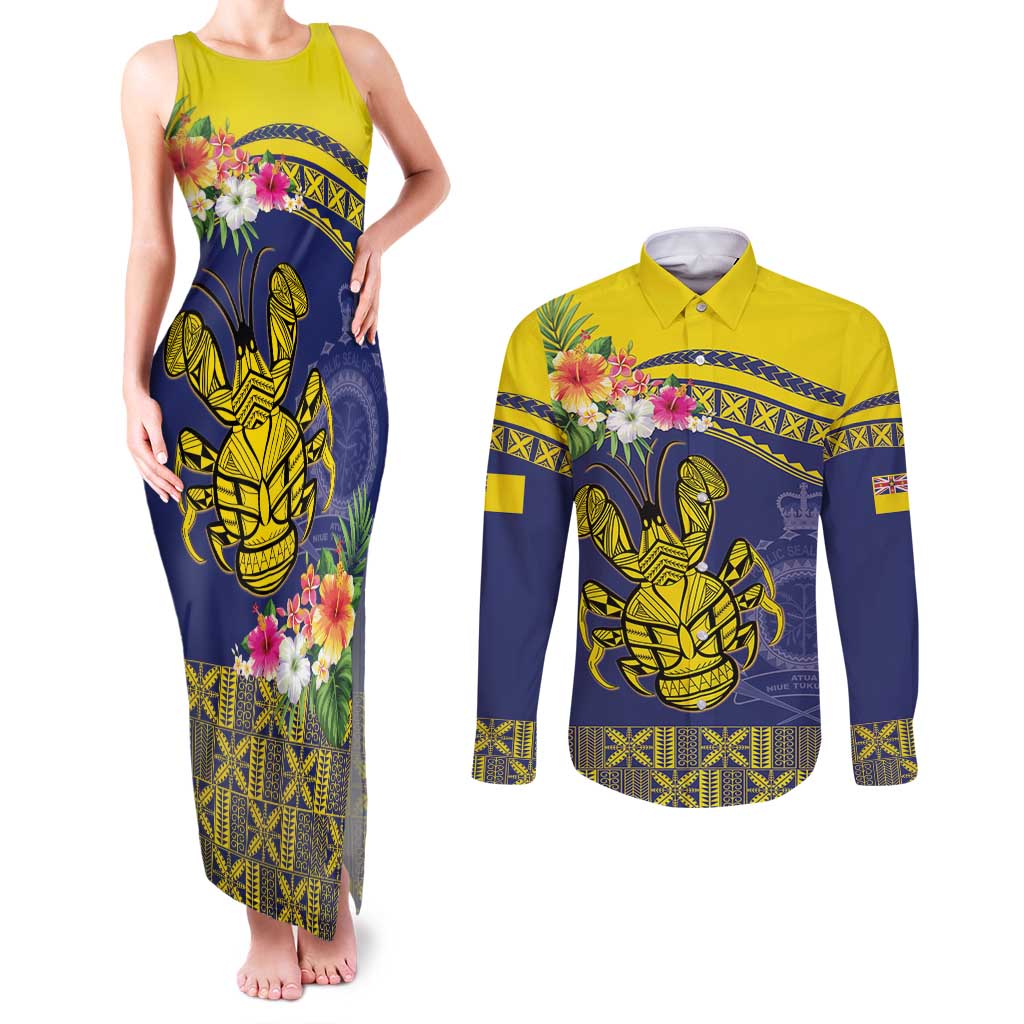 Niue Coconut Crab Couples Matching Tank Maxi Dress and Long Sleeve Button Shirt Rock of Polynesia LT9 Gold - Polynesian Pride