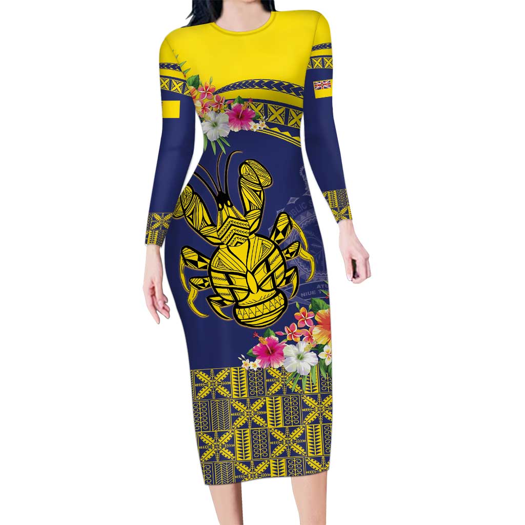 Niue Coconut Crab Long Sleeve Bodycon Dress Rock of Polynesia LT9 Long Dress Gold - Polynesian Pride