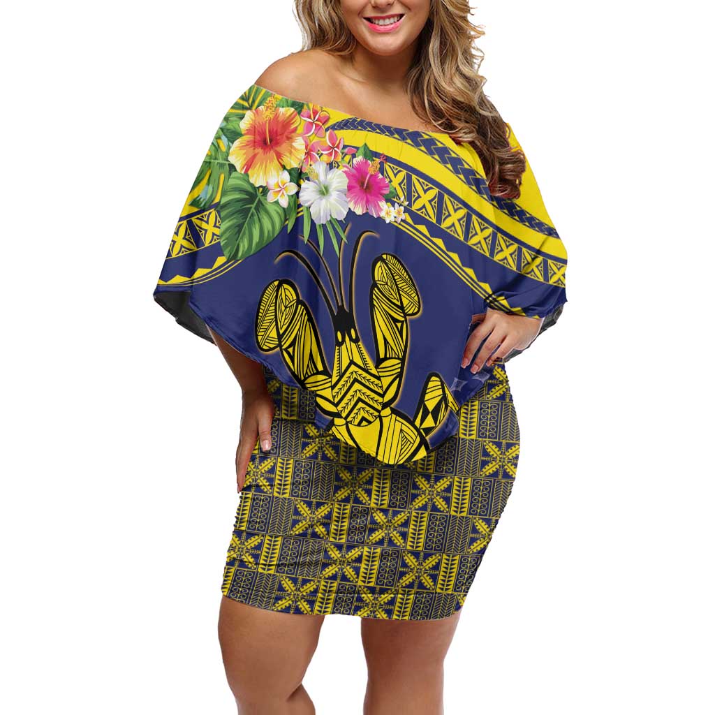 Niue Coconut Crab Off Shoulder Short Dress Rock of Polynesia LT9 Women Gold - Polynesian Pride