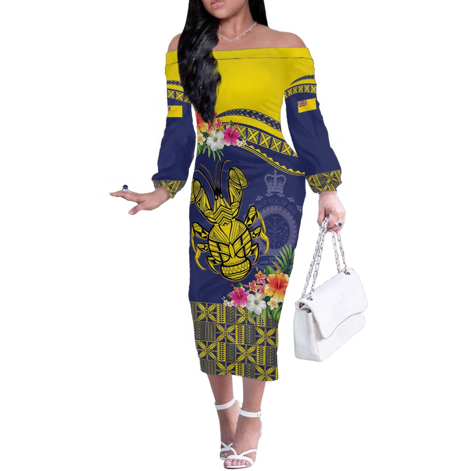 Niue Coconut Crab Off The Shoulder Long Sleeve Dress Rock of Polynesia LT9 Women Gold - Polynesian Pride