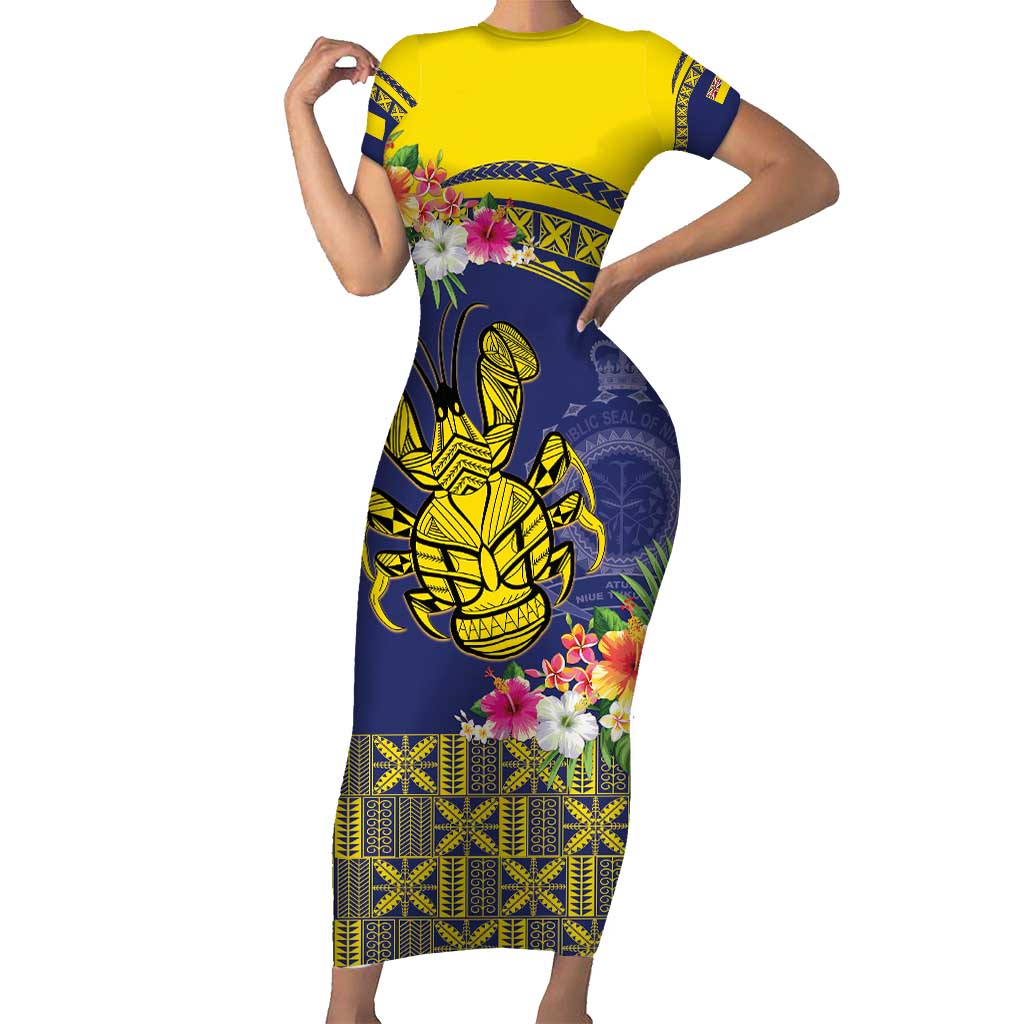 Niue Coconut Crab Short Sleeve Bodycon Dress Rock of Polynesia LT9 Long Dress Gold - Polynesian Pride