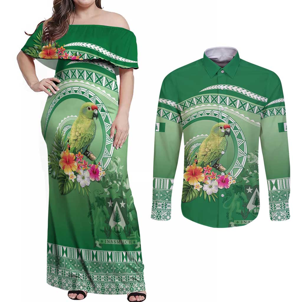 Norfolk Parakeet Tropical Couples Matching Off Shoulder Maxi Dress and Long Sleeve Button Shirt Norfolk Island Tribal Pattern LT9 Green - Polynesian Pride