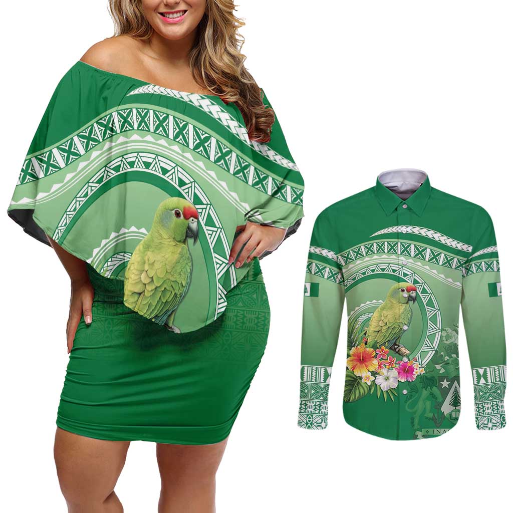 Norfolk Parakeet Tropical Couples Matching Off Shoulder Short Dress and Long Sleeve Button Shirt Norfolk Island Tribal Pattern LT9 Green - Polynesian Pride