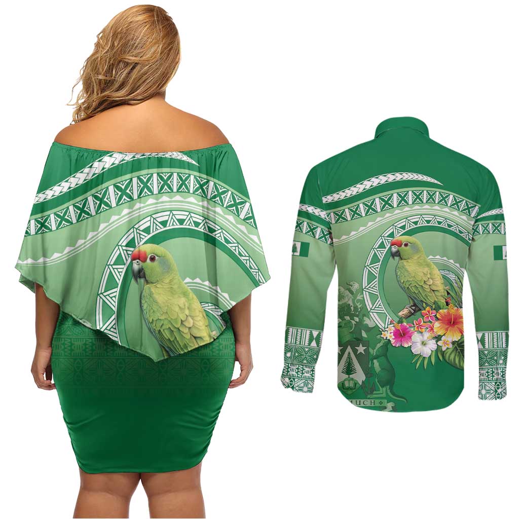 Norfolk Parakeet Tropical Couples Matching Off Shoulder Short Dress and Long Sleeve Button Shirt Norfolk Island Tribal Pattern