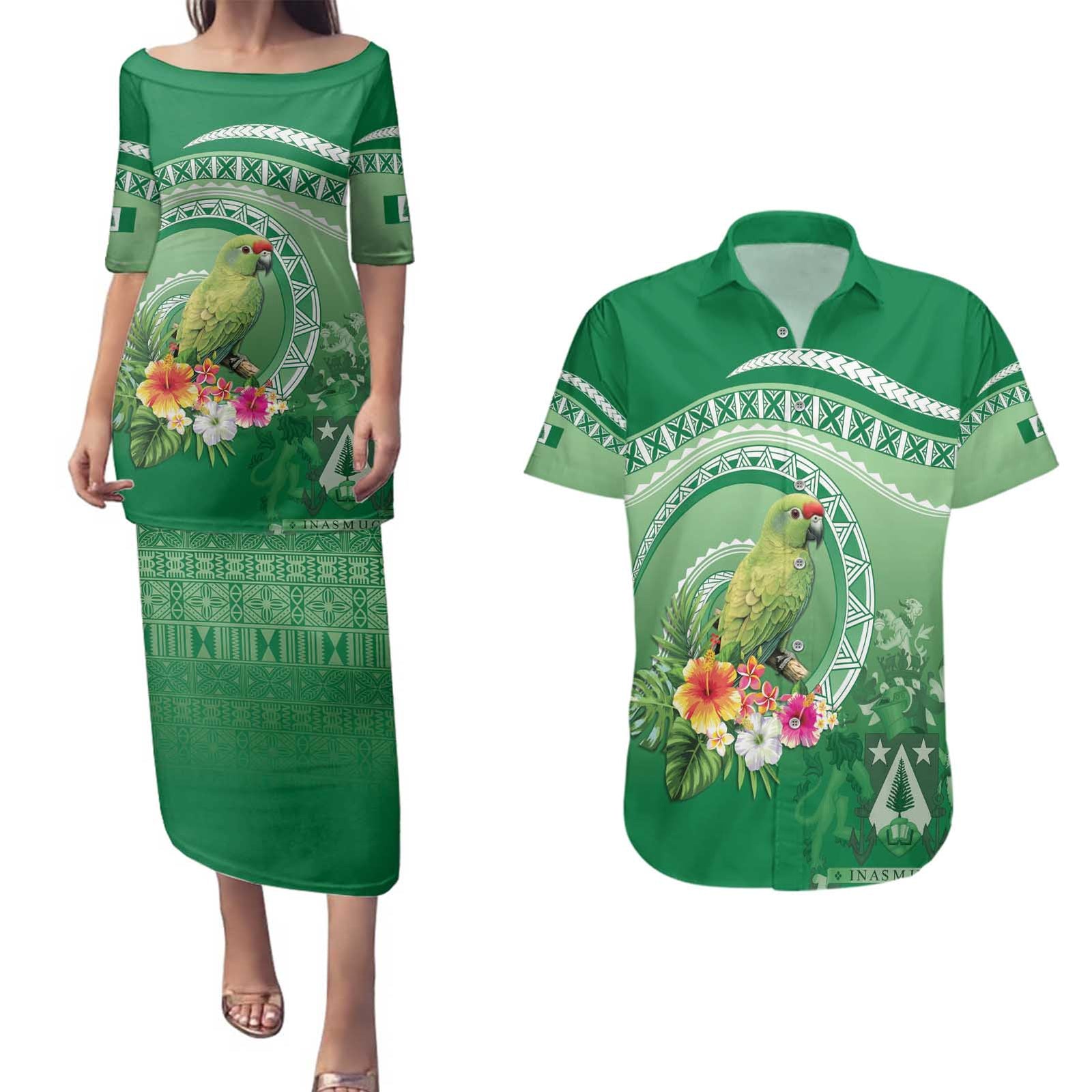 Norfolk Parakeet Tropical Couples Matching Puletasi and Hawaiian Shirt Norfolk Island Tribal Pattern LT9 Green - Polynesian Pride