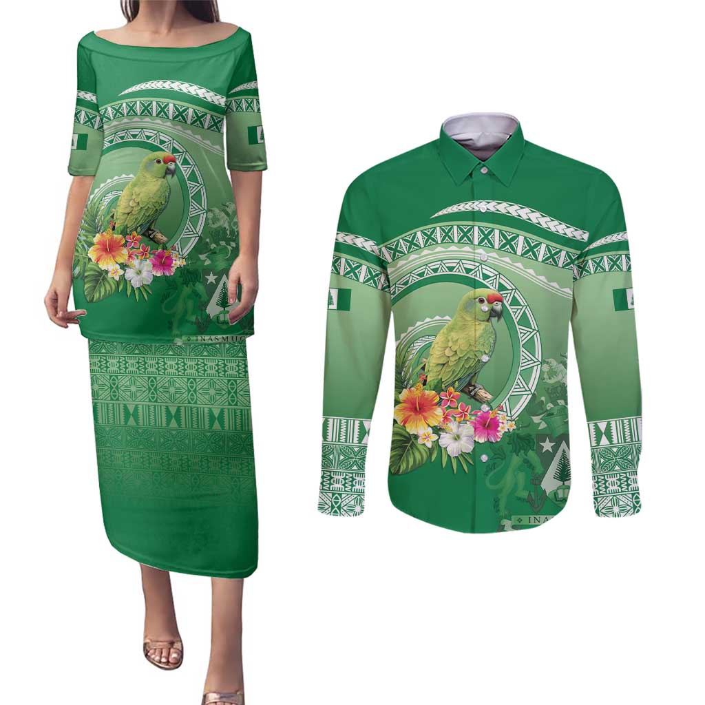 Norfolk Parakeet Tropical Couples Matching Puletasi and Long Sleeve Button Shirt Norfolk Island Tribal Pattern LT9 Green - Polynesian Pride