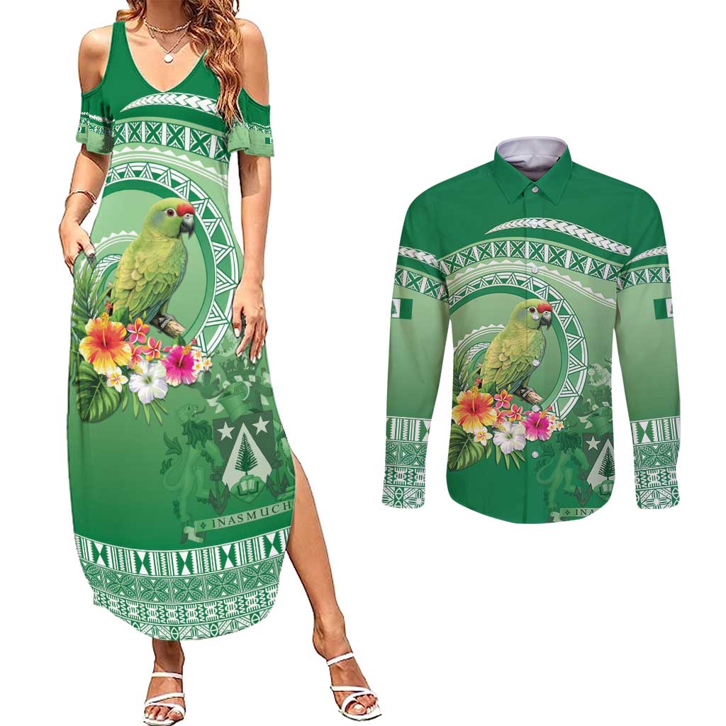 Norfolk Parakeet Tropical Couples Matching Summer Maxi Dress and Long Sleeve Button Shirt Norfolk Island Tribal Pattern LT9 Green - Polynesian Pride