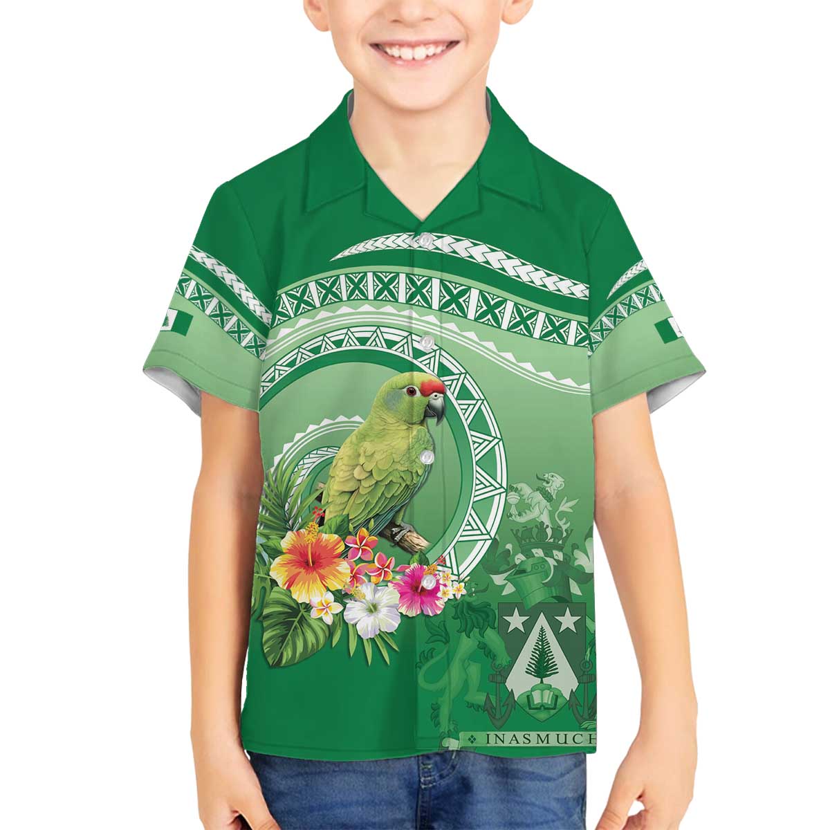 Norfolk Parakeet Tropical Family Matching Off The Shoulder Long Sleeve Dress and Hawaiian Shirt Norfolk Island Tribal Pattern