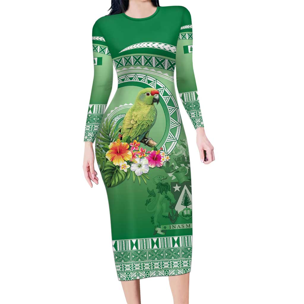 Norfolk Parakeet Tropical Long Sleeve Bodycon Dress Norfolk Island Tribal Pattern LT9 Long Dress Green - Polynesian Pride