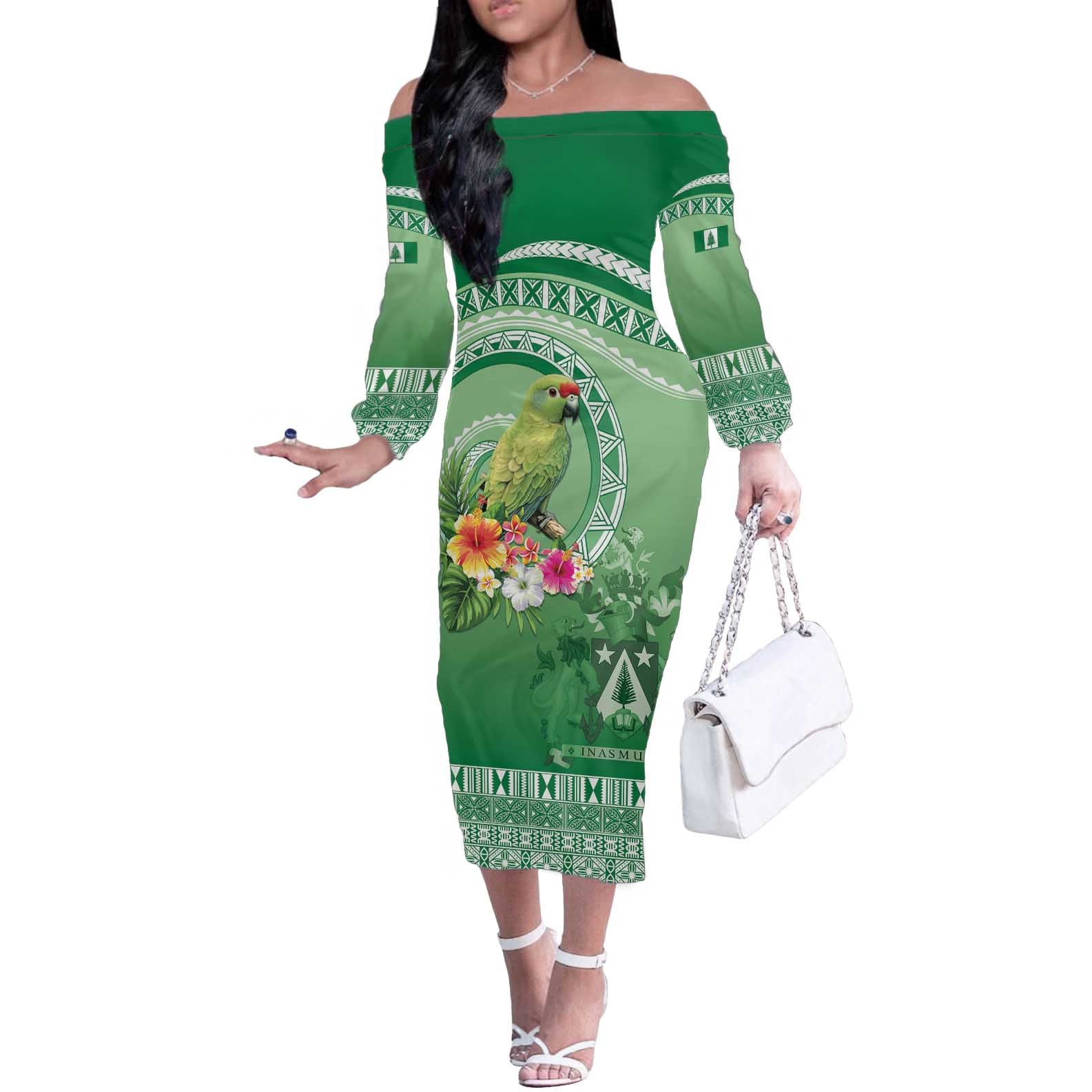 Norfolk Parakeet Tropical Off The Shoulder Long Sleeve Dress Norfolk Island Tribal Pattern LT9 Women Green - Polynesian Pride