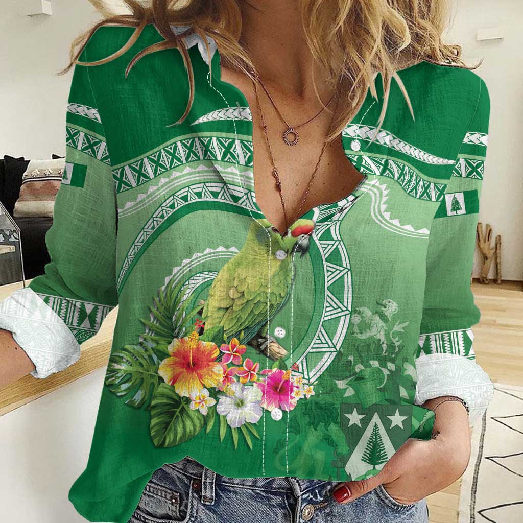 Norfolk Parakeet Tropical Women Casual Shirt Norfolk Island Tribal Pattern LT9 Female Green - Polynesian Pride