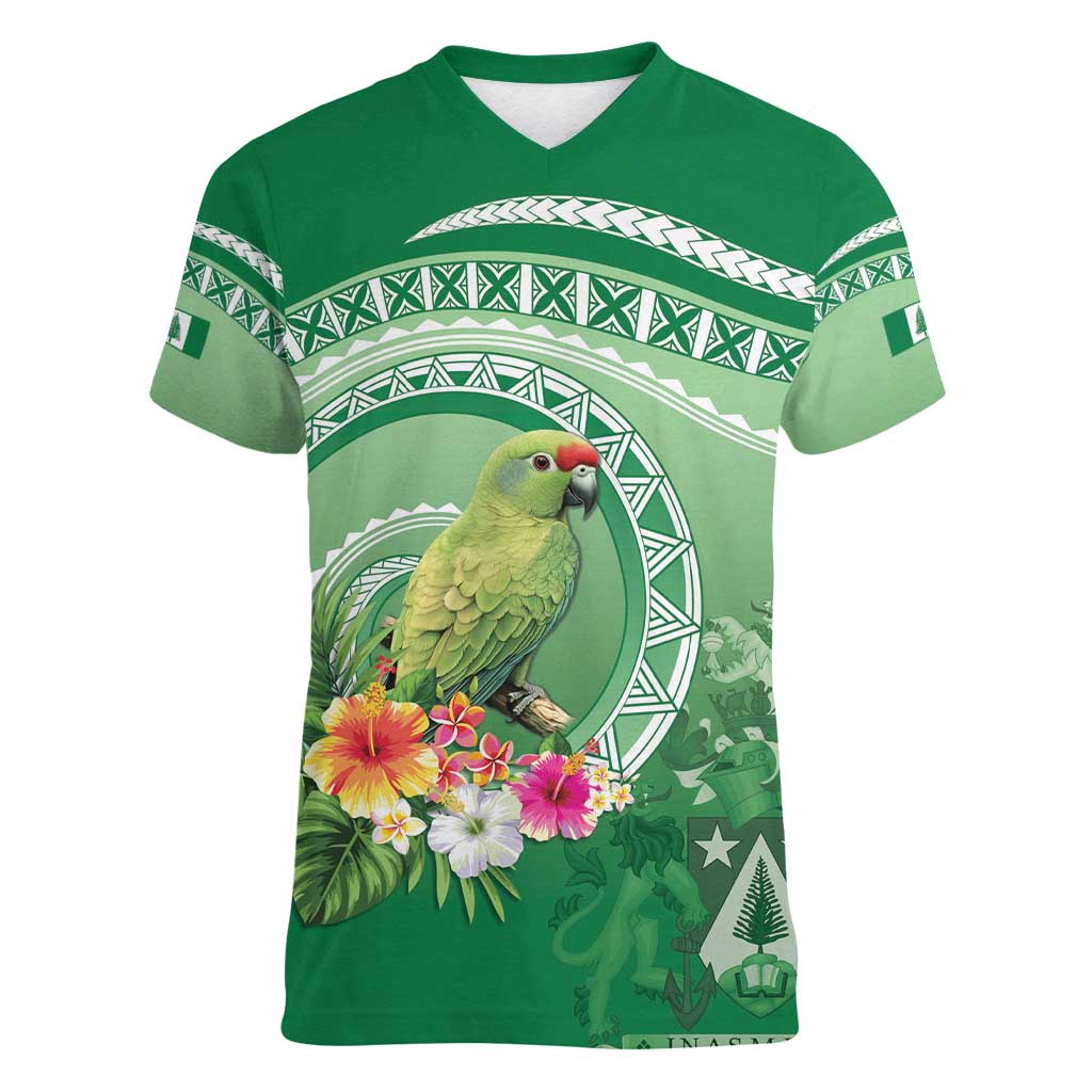 Norfolk Parakeet Tropical Women V-Neck T-Shirt Norfolk Island Tribal Pattern LT9 Female Green - Polynesian Pride