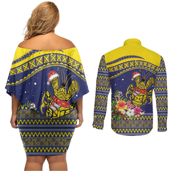 Niue Christmas Couples Matching Off Shoulder Maxi Dress and Long Sleeve Button Shirts Coat of Arms and Map Beautiful Merry Xmas Snowflake LT03 main image 1