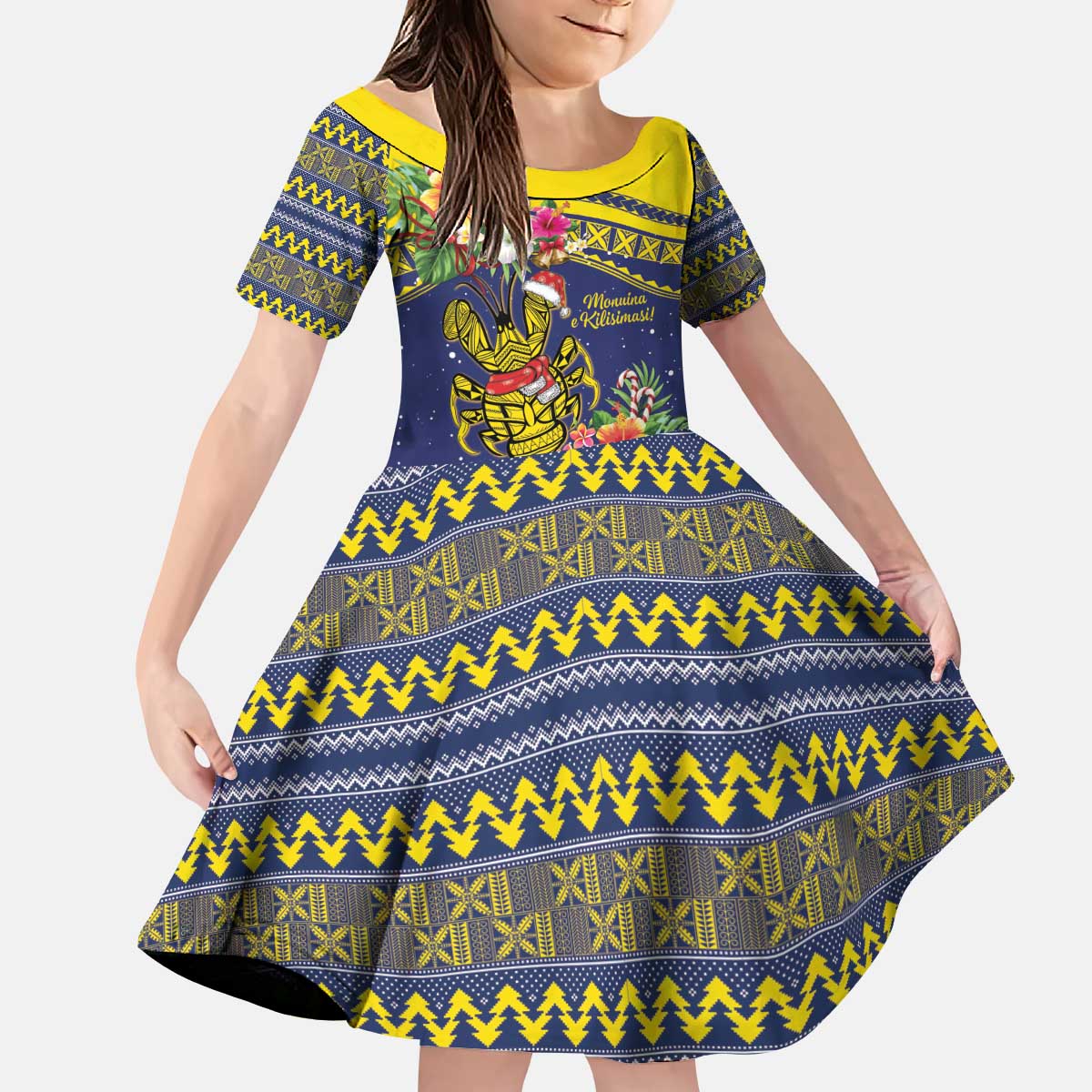 Monuina e Kilisimasi Niue Christmas Kid Short Sleeve Dress Niuean Tribal Pattern LT9 KID Gold - Polynesian Pride
