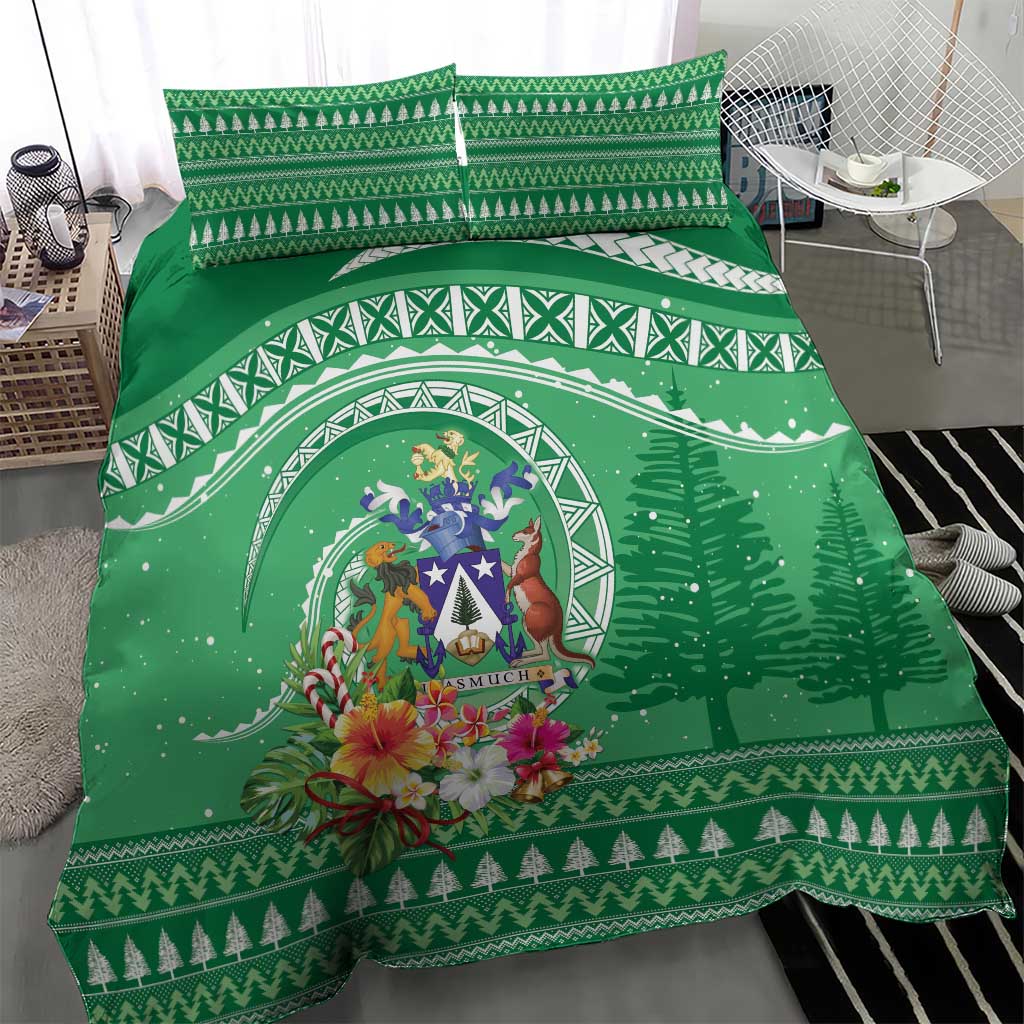 Norfolk Island Pine Tree Christmas Bedding Set Coat of Arm and Polynesian Pattern