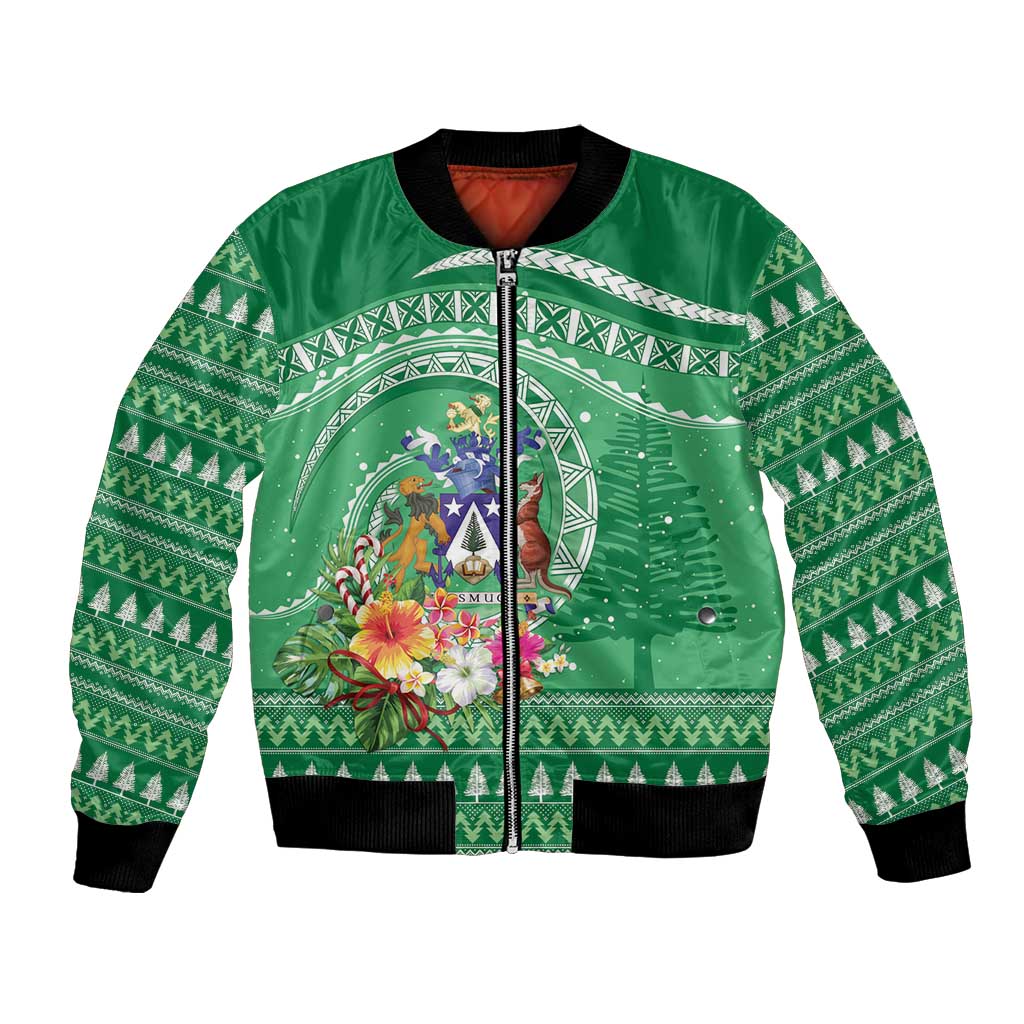Norfolk Island Pine Tree Christmas Bomber Jacket Coat of Arm and Polynesian Pattern LT9 Unisex Green - Polynesian Pride