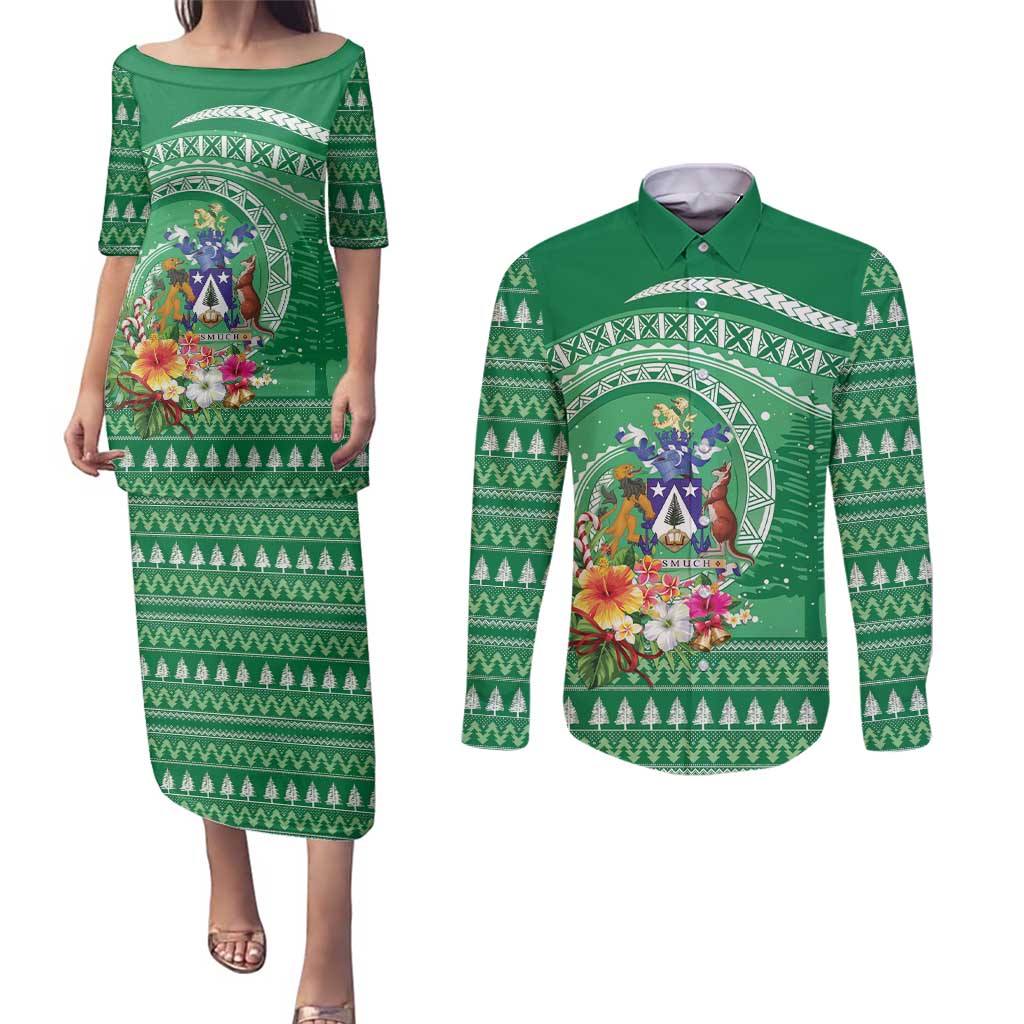 Norfolk Island Pine Tree Christmas Couples Matching Puletasi and Long Sleeve Button Shirt Coat of Arm and Polynesian Pattern LT9 Green - Polynesian Pride