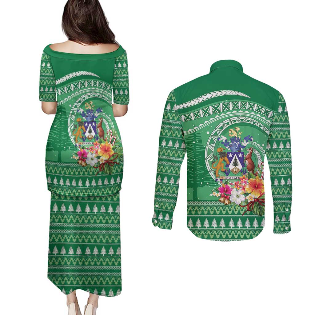 Norfolk Island Pine Tree Christmas Couples Matching Puletasi and Long Sleeve Button Shirt Coat of Arm and Polynesian Pattern