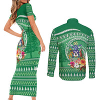 Norfolk Island Pine Tree Christmas Couples Matching Short Sleeve Bodycon Dress and Long Sleeve Button Shirt Coat of Arm and Polynesian Pattern