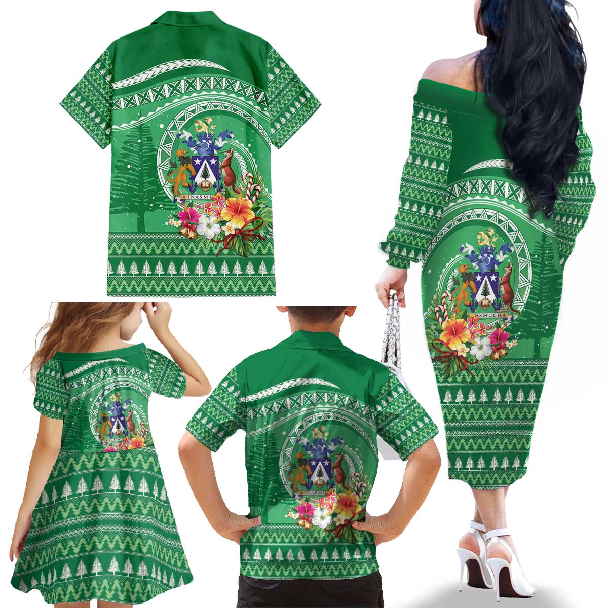 Norfolk Island Pine Tree Christmas Family Matching Off The Shoulder Long Sleeve Dress and Hawaiian Shirt Coat of Arm and Polynesian Pattern