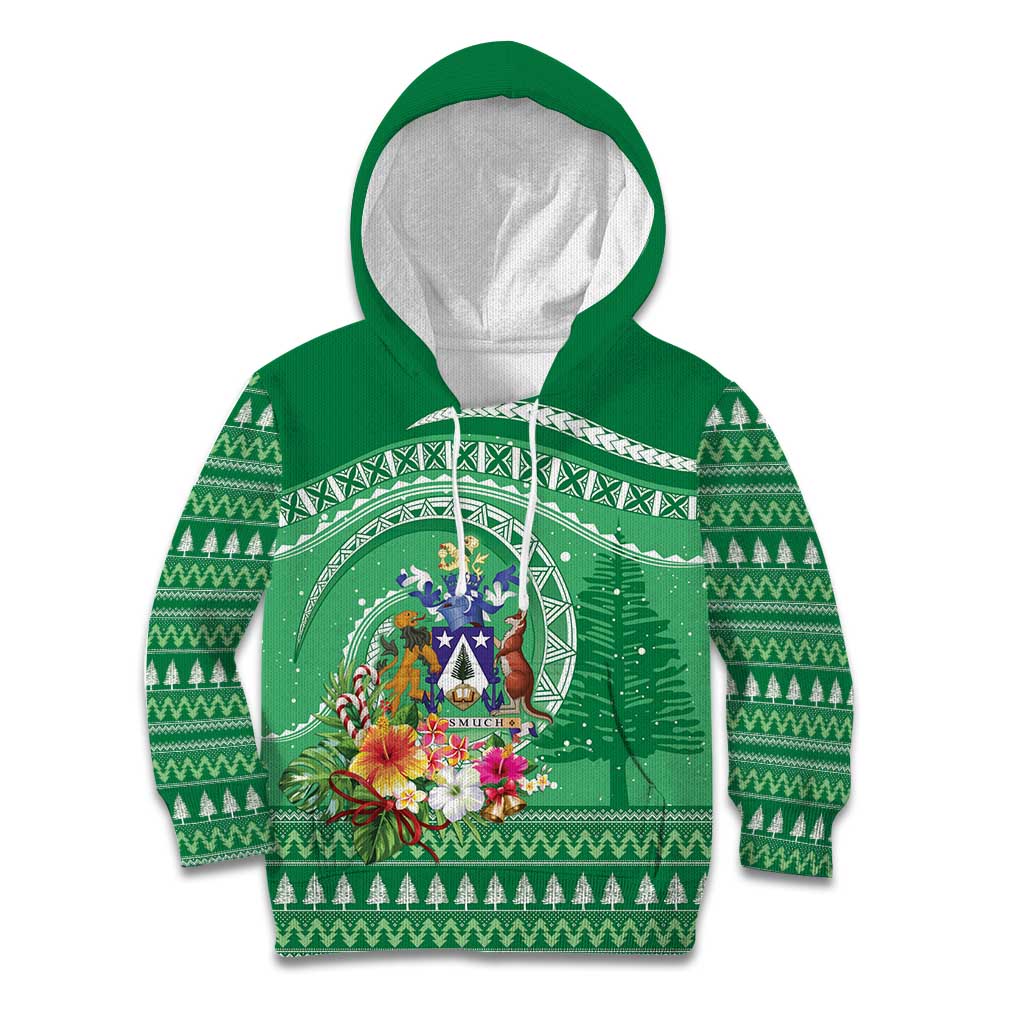 Norfolk Island Pine Tree Christmas Kid Hoodie Coat of Arm and Polynesian Pattern LT9 Hoodie Green - Polynesian Pride