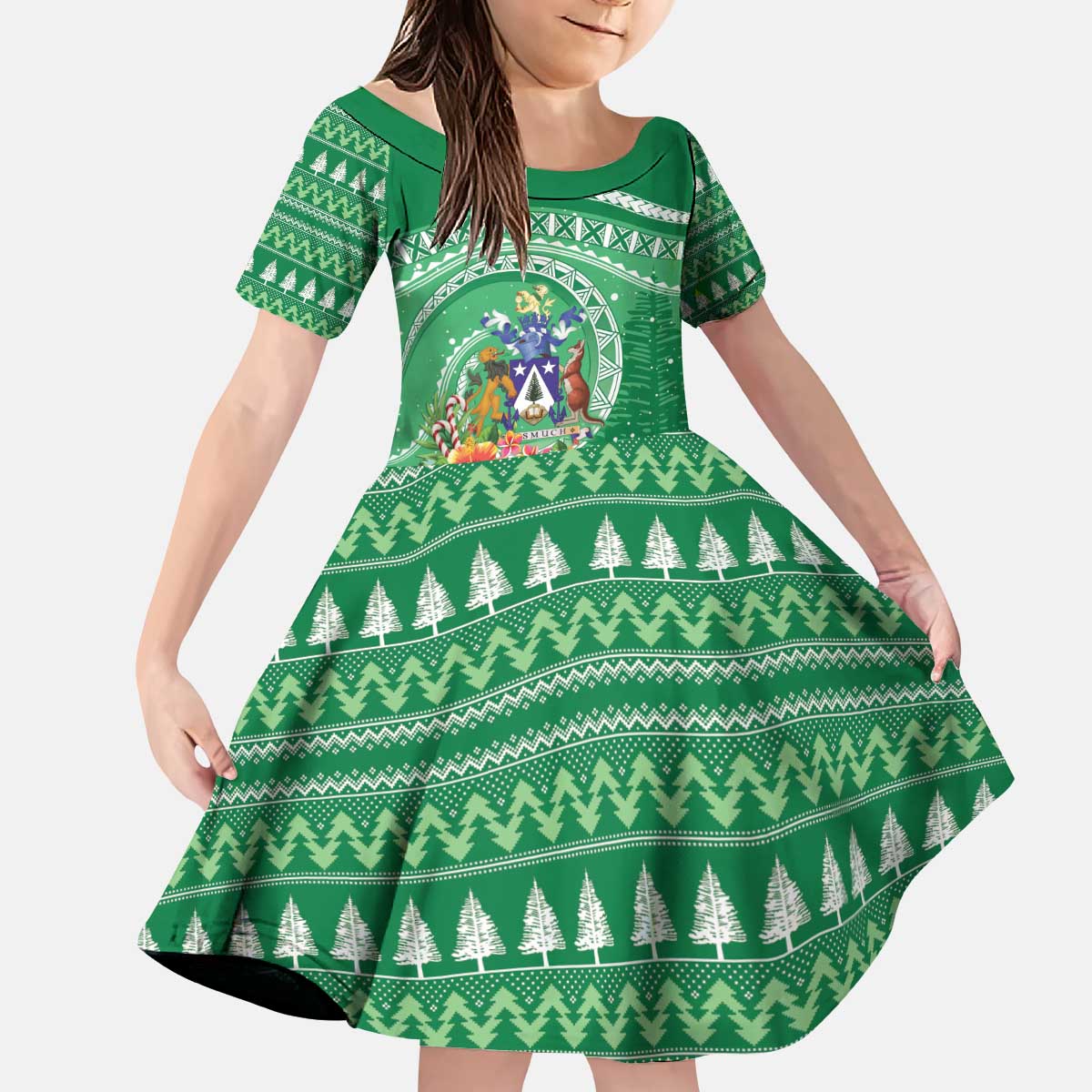 Norfolk Island Pine Tree Christmas Kid Short Sleeve Dress Coat of Arm and Polynesian Pattern LT9 KID Green - Polynesian Pride