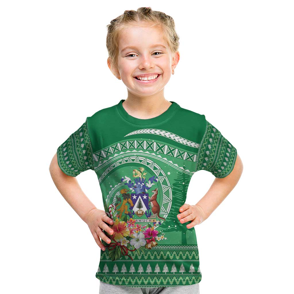 Norfolk Island Pine Tree Christmas Kid T Shirt Coat of Arm and Polynesian Pattern LT9 Green - Polynesian Pride