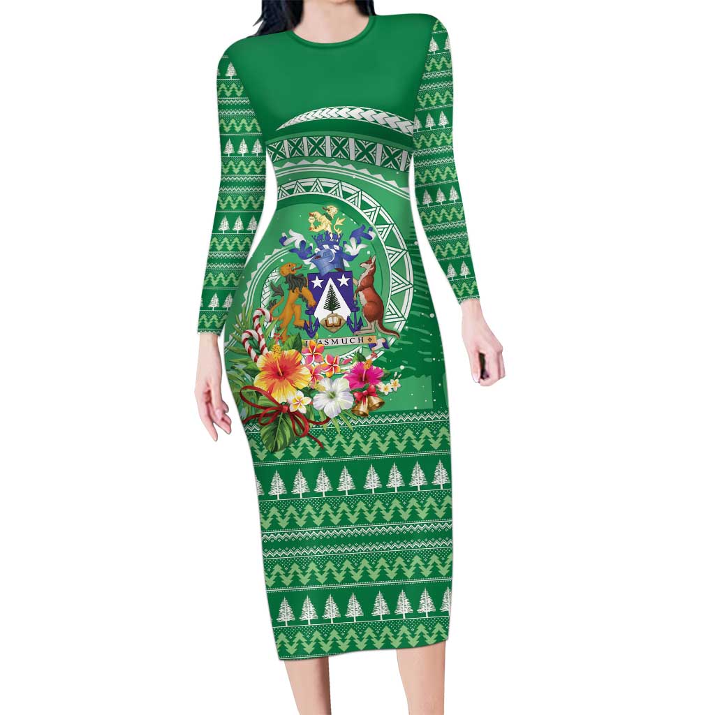 Norfolk Island Pine Tree Christmas Long Sleeve Bodycon Dress Coat of Arm and Polynesian Pattern LT9 Long Dress Green - Polynesian Pride