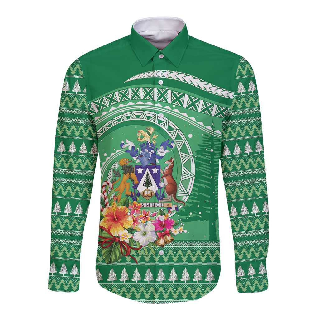 Norfolk Island Pine Tree Christmas Long Sleeve Button Shirt Coat of Arm and Polynesian Pattern LT9 Unisex Green - Polynesian Pride