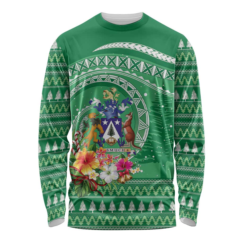 Norfolk Island Pine Tree Christmas Long Sleeve Shirt Coat of Arm and Polynesian Pattern LT9 Unisex Green - Polynesian Pride